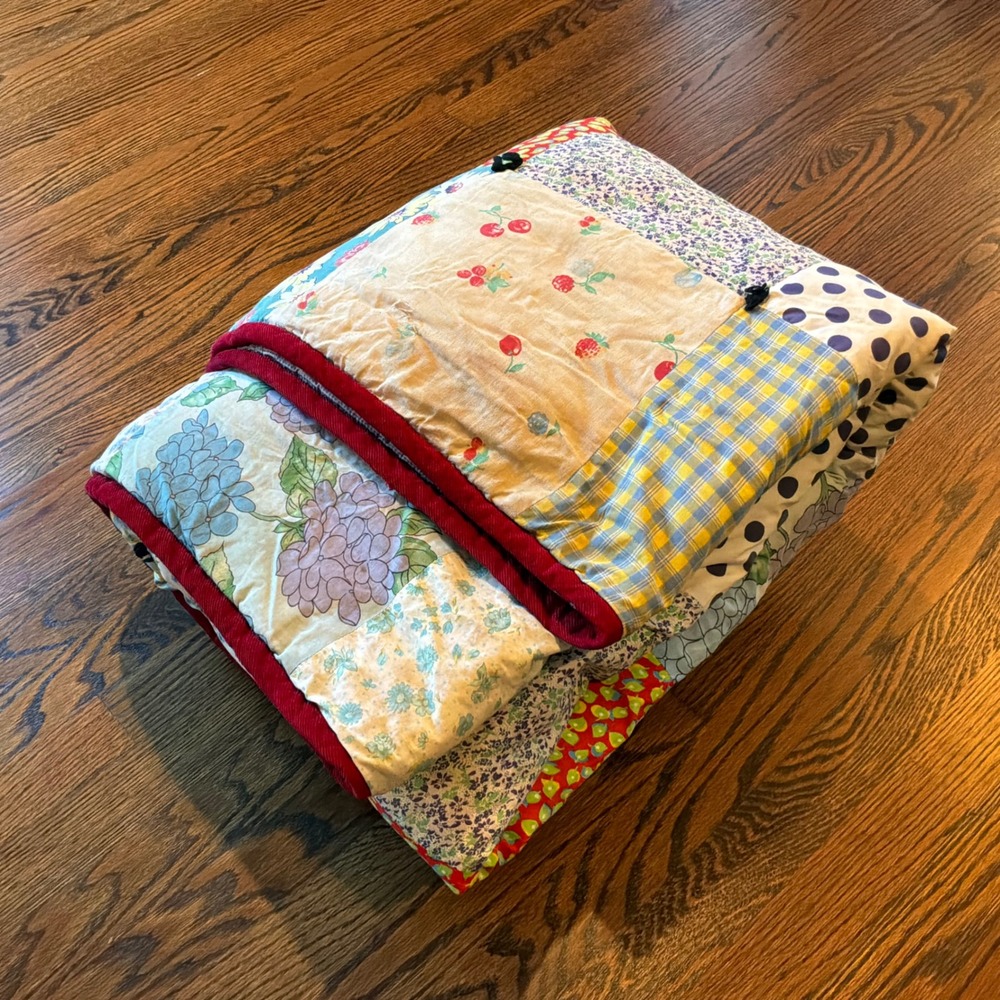 Vintage Handmade Patchwork Tied Quilt Floral Gingham Polka Dot Red Trim 64x72